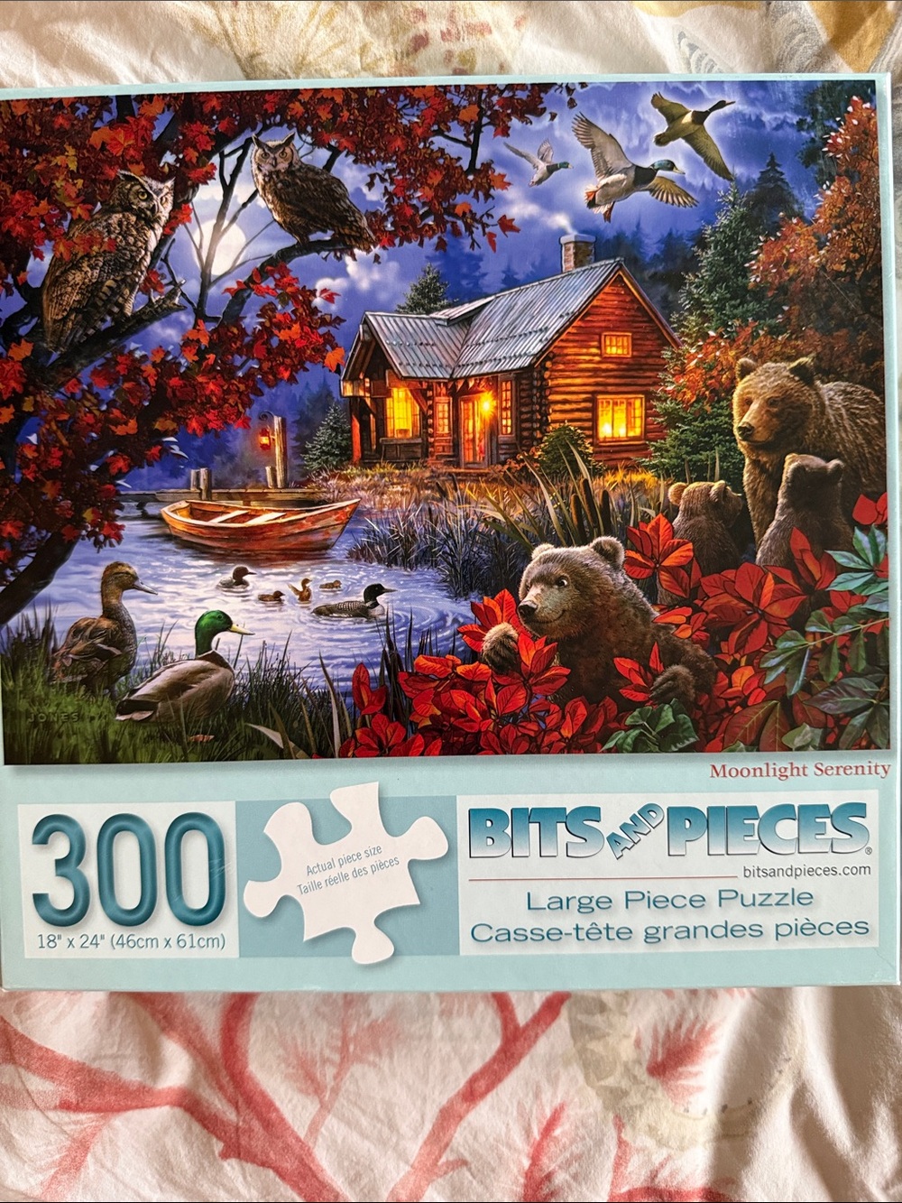 300 piece Bits and Pieces Puzzle “Moonlight Serenity” Lake life Bears Mountains